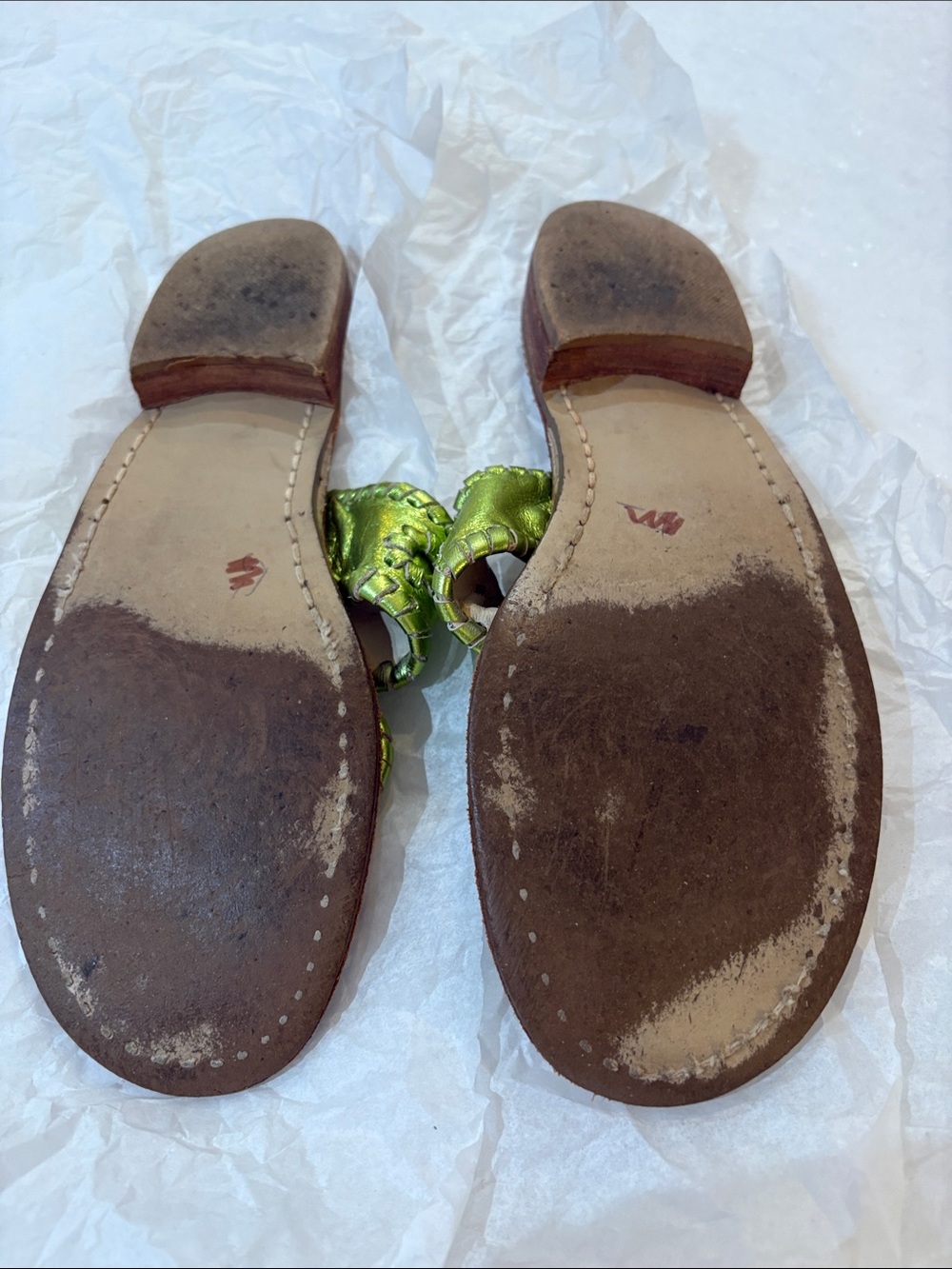 Jack Rogers Metallic Lime Green Leather Thong Sandals - Picture 2 of 5